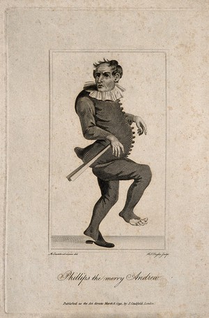 view Phillips, a clown, known as 'the Merry Andrew'. Line engraving by W.J. Taylor, 1792, after M. Laroon.