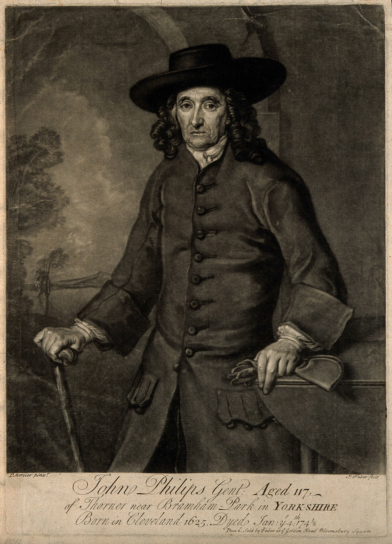 John Philips, aged 117. Mezzotint by J. Faber after P. Mercier., by Philippe Mercier