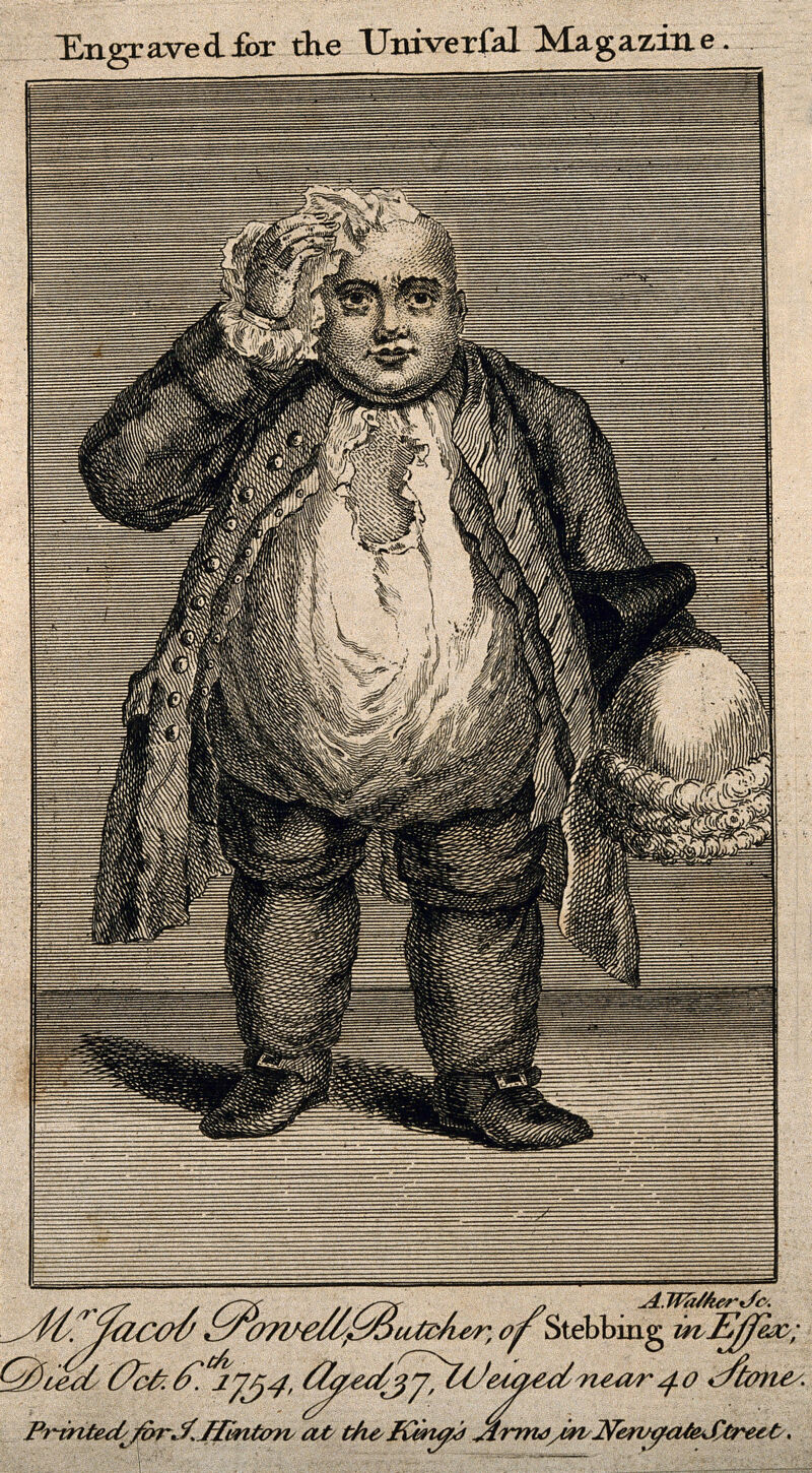 Jacob Powell, who died weighing almost 40 stone. Line engraving by A. Walker., by Anthony Walker