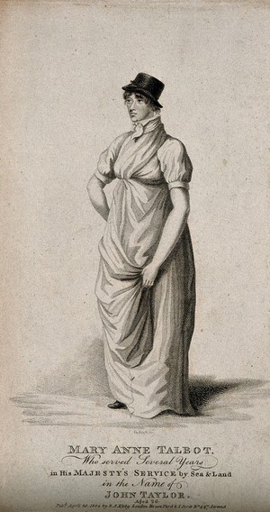 view Mary Anne Talbot, a woman who passed as a male soldier and sailor. Engraving by G. Scott, 1804.