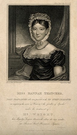 Hannah Thatcher, deaf and dumb since birth, taught to hear and speak by W. Wright. Stipple engraving by J. Rogers, 1823, after Miss R.E. Drummond.