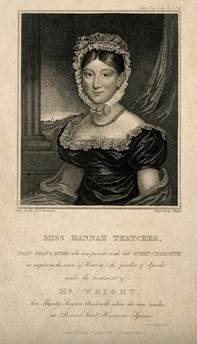Hannah Thatcher, deaf and dumb since birth, taught to hear and speak by W. Wright. Stipple engraving by J. Rogers, 1823, after Miss R.E. Drummond.
