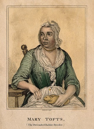 Mary Tofts, a woman who pretended that she had given birth to rabbits. Coloured stipple engraving by Maddocks, ca. 1819.