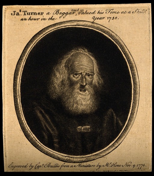 James Turner, a beggar and a painters model. Etching by Captain W. Baillie, 1774, after Hone.