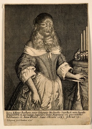 view Barbara van Beck, a hirsute woman. Etching by R. Gaywood, 1656.