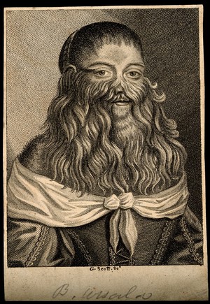 view Barbara van Beck, a hirsute woman. Stipple engraving by G. Scott.