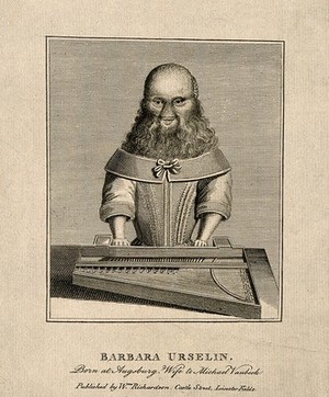 view Barbara van Beck, a hirsute woman. Line engraving.