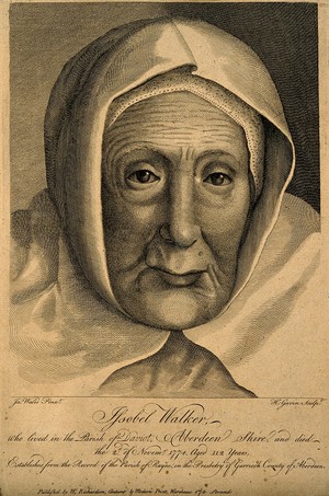 view Isobel Walker, aged 112. Line engraving by H. Gavin after J. Wales.