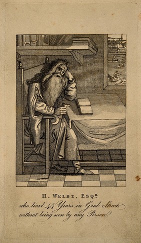 Henry Welby, a recluse, in his room. Etching.