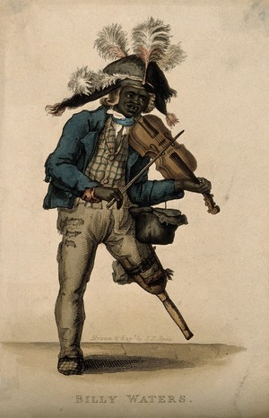 view Billy Waters, a one-legged busker. Coloured engraving by T.L. Busby.