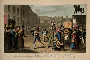 view Billy Waters, a one legged busker, in a crowded London street. Coloured aquatint, 1822.