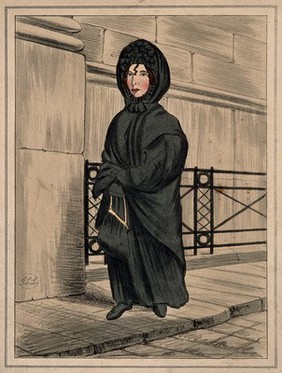 Miss Whitehead, an eccentric, known as the 'Bank Nun'. Coloured lithograph by G.L. Lee.