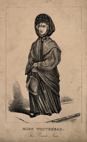 view Miss Whitehead, an eccentric, known as the 'Bank Nun'. Reproduction of a stipple engraving.