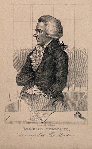 view Renwick Williams, a man convicted of wounding women. Reproduction of a stipple engraving.