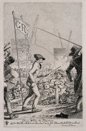 view George Wilson, a pedestrian, on a road lined with people. Etching by J.T. Smith after himself, 1815.