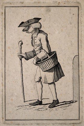 Philip Winterflood, walking with stick and basket. Etching.