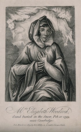 Elizabeth Woodcock, depicted as found after having survived being buried in snow for eight days, aged 42. Stipple engraving, 1813.