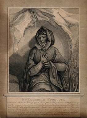 Elizabeth Woodcock, depicted as found after being buried in snow for eight days, aged 42. Engraving.