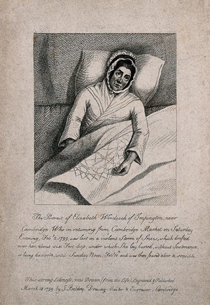 view Elizabeth Woodcock, recuperating in bed after being buried in snow for eight days, aged 42. Stipple engraving by J. Baldrey after himself, 1799.