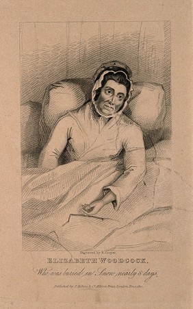 Elizabeth Woodcock, recuperating in bed after being buried in snow for eight days, aged 42. Stipple engraving by R. Cooper, 1821, after J. Baldrey, 1799.