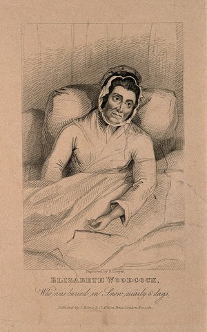 view Elizabeth Woodcock, recuperating in bed after being buried in snow for eight days, aged 42. Stipple engraving by R. Cooper, 1821, after J. Baldrey, 1799.