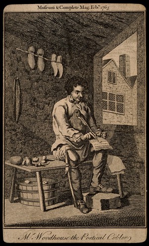 view James Woodhouse, shoemaker and poet. Etching, 1765.