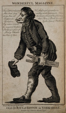 Old Boots, an eccentric shoe shiner. Line engraving by J. Strange, 1793, after T. Grin.