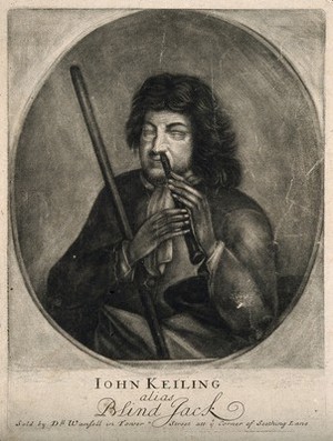 view Jack Keiling, known as Blind Jack, played the flageolet through his nose. Mezzotint.