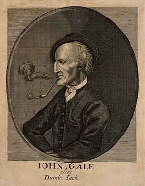 view John Gale, known as Dumb Jack, a deaf mute man. Line engraving after J. Faber the elder.