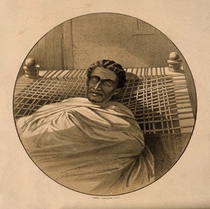 view Theodore (Téwodros) II, Emperor of Ethiopia, on his death bed. Lithograph by James Ferguson after C.F. James.