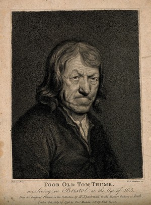 view Poor Old Tom Thumb, a centenarian. Stipple engraving by W.N. Gardiner, 1790, after T. Barker.