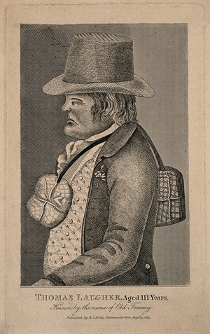 view Thomas Laugher, known as Old Tommy, aged 111. Engraving, 1819.