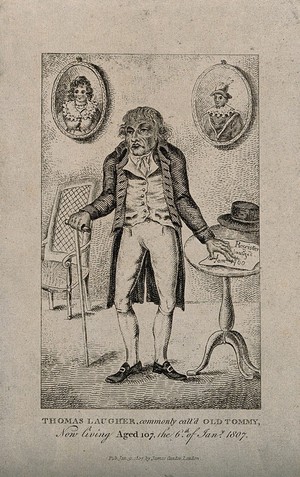 view Thomas Laugher, known as Old Tommy, aged 107. Etching, 1807.