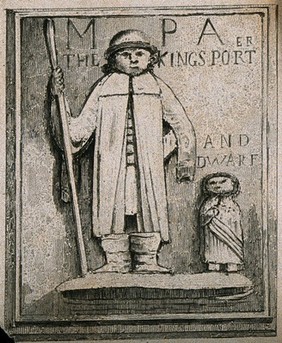 Relief of Jeffery Hudson, a dwarf, and Walter Parsons, a giant. Etching.