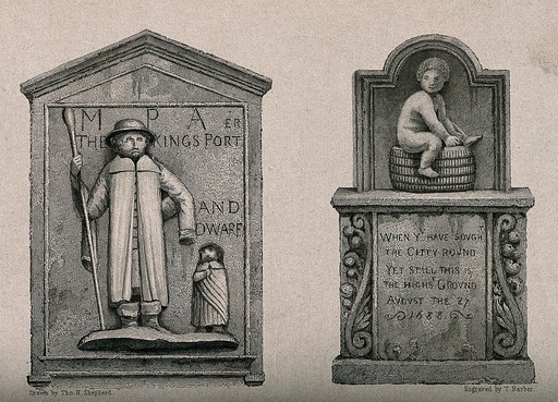Relief of Jeffery Hudson, a dwarf, Walter Parsons, a giant, and another subject. Line engraving by T. Barber after T.H. Shepherd.