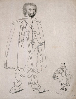 Jeffery Hudson, a dwarf and Walter Parsons, a giant. Engraving.