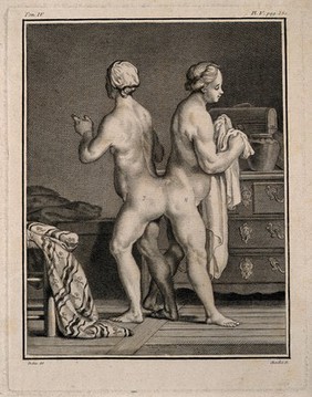 Hélène and Judith, conjoint twins known as The Hungarian Sisters. Line engraving by J. Chevillet after J. de Sève.