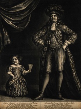 Kleene Jannetie, a dwarf aged 46 and Lange Jacob, a giant aged 40. Mezzotint by J. Gole.