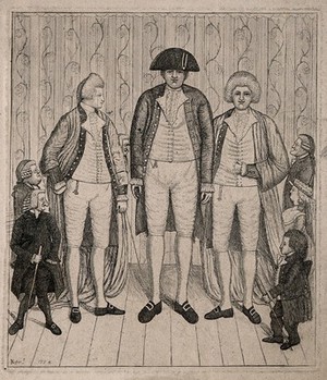 view Three giants, the tallest identified as Charles Byrne and the others as twins, and six spectators including an unidentified lady and dwarf. Etching by J. Kay, 1784, after himself.