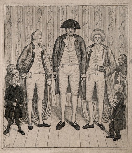 Three giants, the tallest identified as Charles Byrne and the others as twins, and six spectators including an unidentified lady and dwarf. Etching by J. Kay, 1784, after himself.