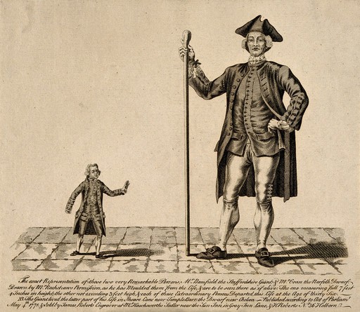 Edward Bamford, a giant, and John Coan, a dwarf. Engraving by J. Roberts, 1771, after B. Rackstraw.