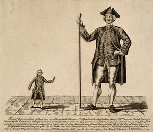 view Edward Bamfield, a giant, and John Coan, a dwarf. Engraving by J. Roberts, 1771, after B. Rackstraw.