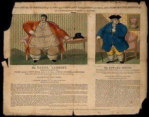 view Separate portraits of Daniel Lambert and Edward Bright, 50 stone and 44 stone respectively. Engraving, 1806.