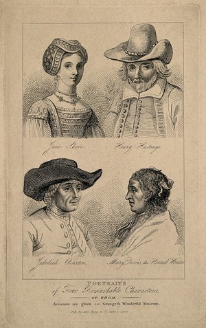 view Jane Shore (mistress of King Edward IV), Henry Hastings (Dorset landowner and sportsman), Jedediah Buxton (mental calculator), and Mary Davis (with horns). Etching, 1808.