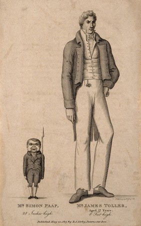 Simon Paap, a dwarf and James Toller, a giant. Line engraving by S. Springsguth, 1817.