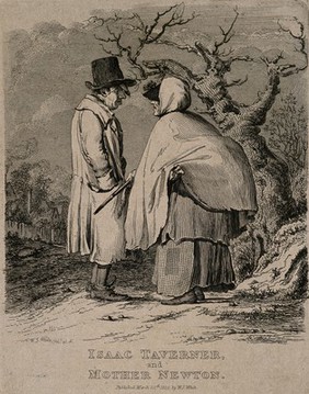 Isaac Taverner and Mother Newton conversing next to an old tree. Engraving by W.J. White, 1819, after himself.