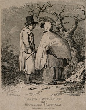 view Isaac Taverner and Mother Newton conversing next to an old tree. Engraving by W.J. White, 1819, after himself.