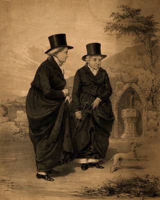 Sarah Ponsonby (left) and Lady Eleanor Butler, known as the Ladies of Llangollen, outside with a dog. Lithograph by J.H. Lynch, 183-, after Mary Parker (later Lady Leighton), 1828.