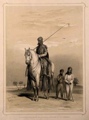 view Two dwarfs with their owner, a guard of the Raja of Patiala. Lithograph by L.C. Dickinson, 1844, after Emily Eden.