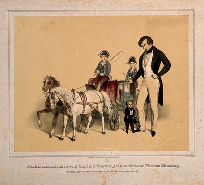 Charles S. Stratton, a dwarf known as General Tom Thumb, standing by his carriage. Coloured lithograph by C. Sicker after F.Grenier.